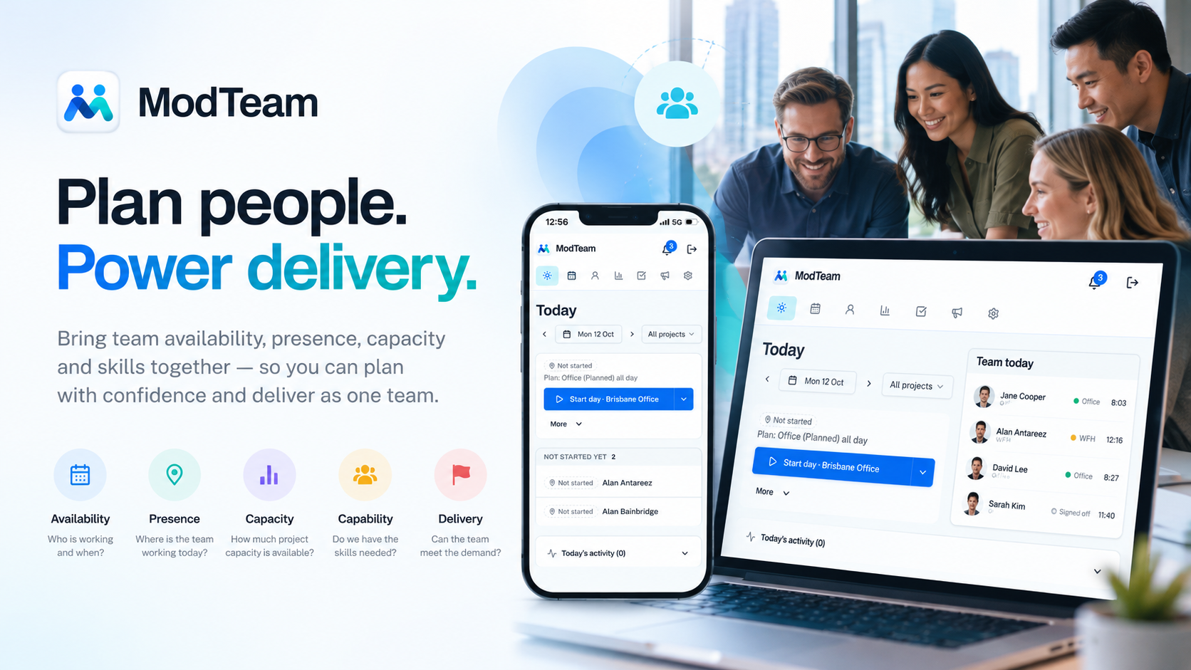 ModTeam shown on phone and laptop with a modern delivery team